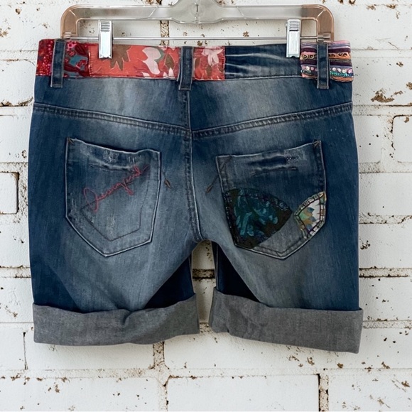Desigual Blue Embroidered & Patchwork Boho Denim Shorts - Picture 2 of 10
